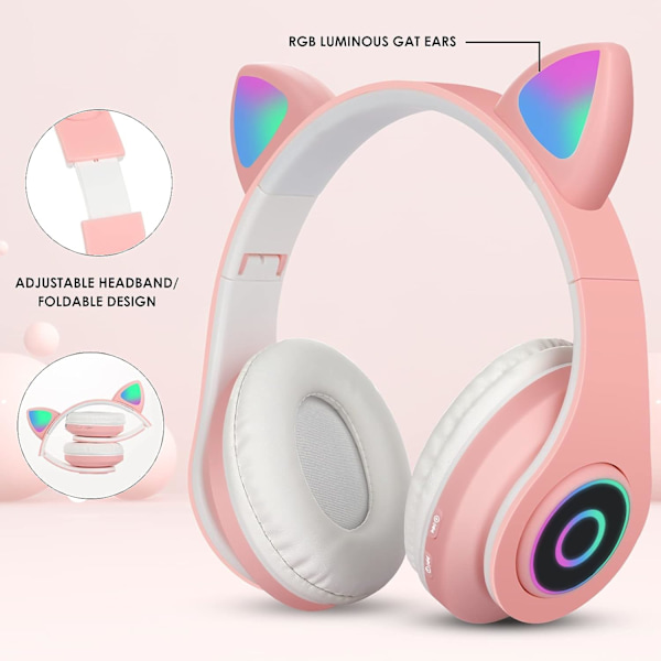 (Vaaleanpunainen) Langattomat Bluetooth-kuulokkeet Lasten kuulokkeet Taitettava Kissa
