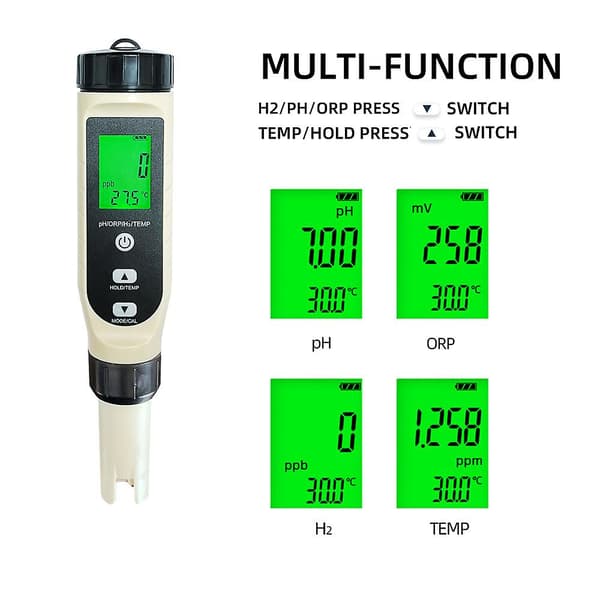4 i 1 pH / ORP / H2 / temp testpenn Multifunksjonell vannkvalitet Hydrogen Rich testpenn