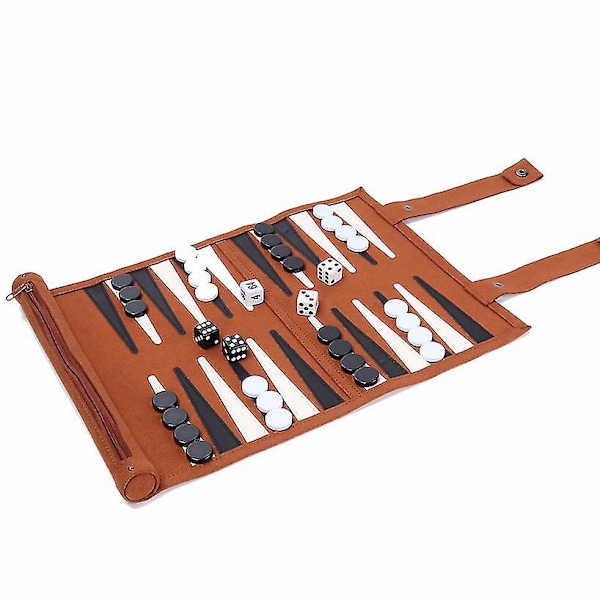 Rul op Backgammon brætspil bærbart mikrofiber skakspil (brun)
