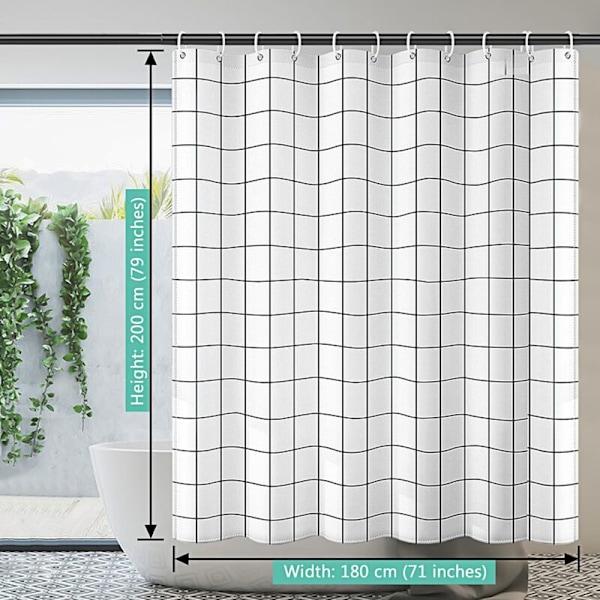 1 stk. 180 x 200 cm bruseforhæng, hurtigtørrende, vandtæt, vægtet søm, bruseforhæng, vaskbart polyester badeforhæng med 12 kroge