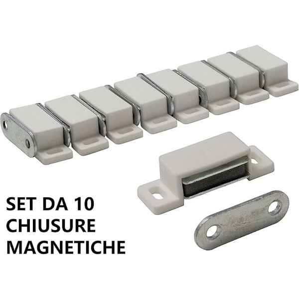 10 stk. Magnetiske møbellåser - Hvit, Dører, Skap 45mm - Magnetlåser med magneter for skap og kopp