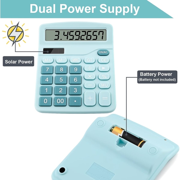 (Blå) Stor 12-sifret dobbelt drevet grunnleggende kalkulator for skrivebord, solenergi