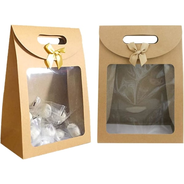 20 delar Kraftpapper presentförpackning, presentpåse med fönster, presentpåsar