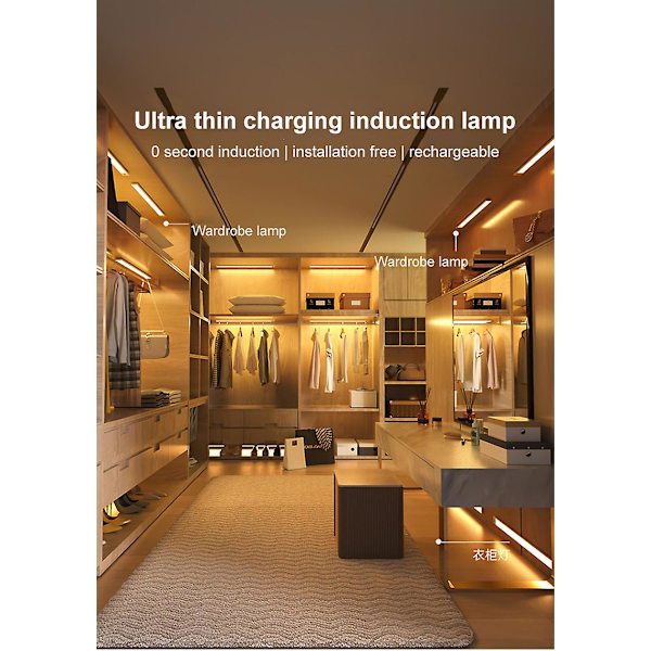 Trådløs LED PIR bevegelsessensor lysstripe skap klesskap lampe USB oppladbar gult lys
