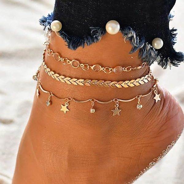 1 stk (Guld) Boho Ankelkæde Guld Krystal Blad Justerbar Tassels