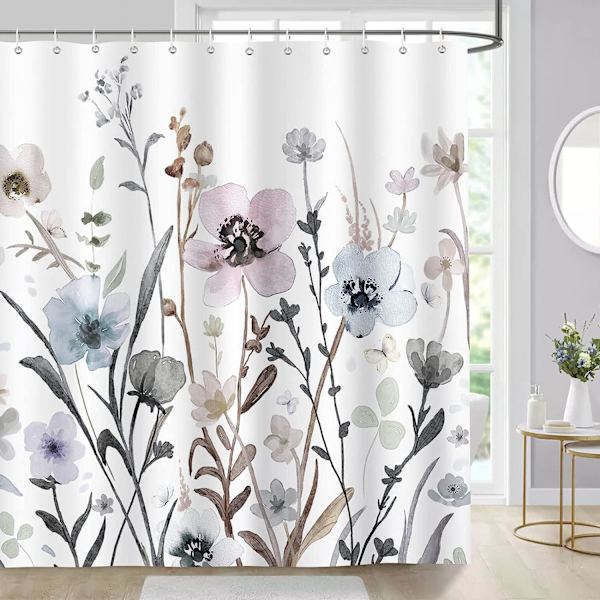 180 x 180 cm med 12 kroge til badeværelsesbruserforhæng Vandfarveblomster