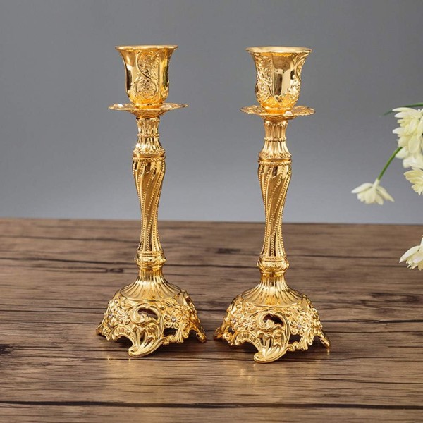 Set med 2 metallkandelaberljusstakar dekoration (guld), Vintag