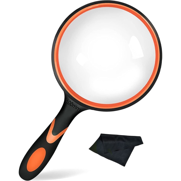 Orange Reading Magnifier 100mm Big Portable 10X Magnification with Non-Slip Soft Rubber Handle 100mm Diameter for Reading Books Real Glass for Reading