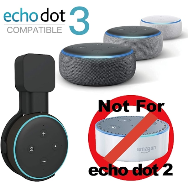 2X Svart Veggbrakett for Echo Dot 3, Smart Hjem Veggmontering