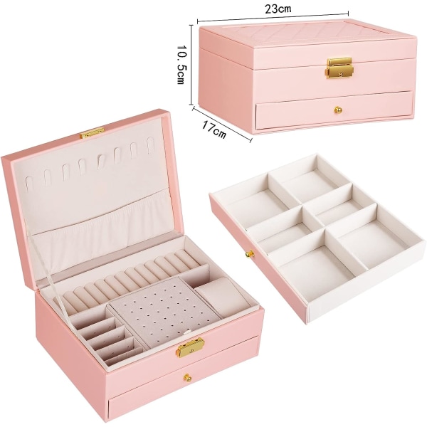 Pink Jewelry Box for Women, 2 Tier PU Leather Girls Travel