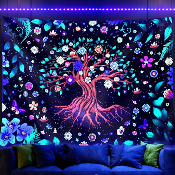 Svartljus Trädets Liv Gobeläng, Trippy Upright Gobeläng Glow In The Dark, UV-reaktiv Svart Ljus Gobelänger Affischer Vägg Hängande för Bakgrund Sovrum Sovsal Vardagsrumsdekor med 3Krokar och