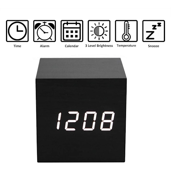 Puinen herätyskello - Mini Cube LED digitaalinen kello musta_valkoinen