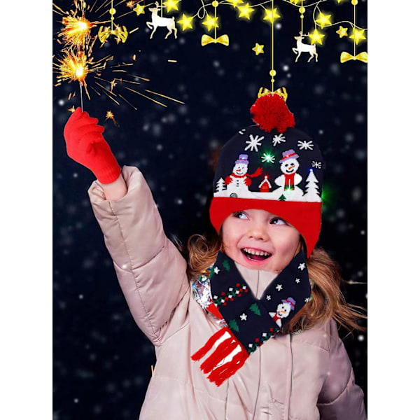Jule-LED-lys beanie-lue med skjerf Strikket lue Jule-beanies for voksne barn Vinter varm julelue skjerf (C