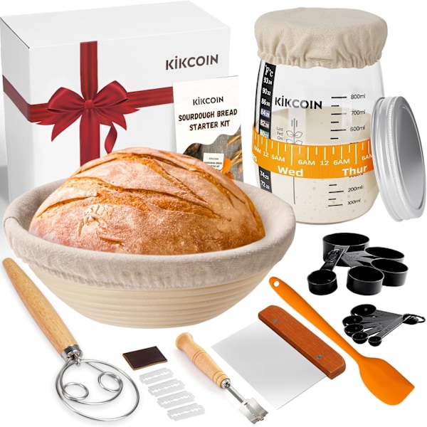 Komplet Surdejsstarter Sæt, Kikcoin Banneton Brød Proofing Kurv Sæt Inkluderer 35oz Surdejsstarter Glas, Sur