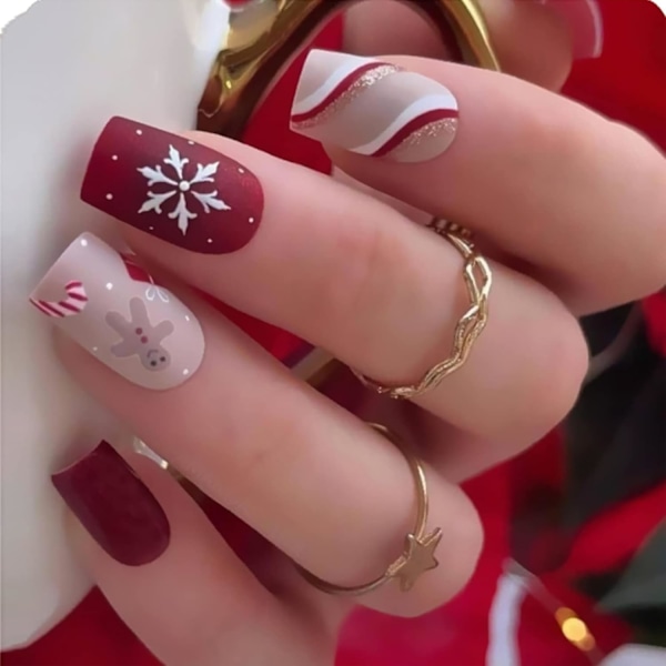 Julpress-on-naglar, Röda Kvadratiska Medium Falska Naglar, Matta Artificiella Falska Naglar med Snöflinga Sled Stripe Design