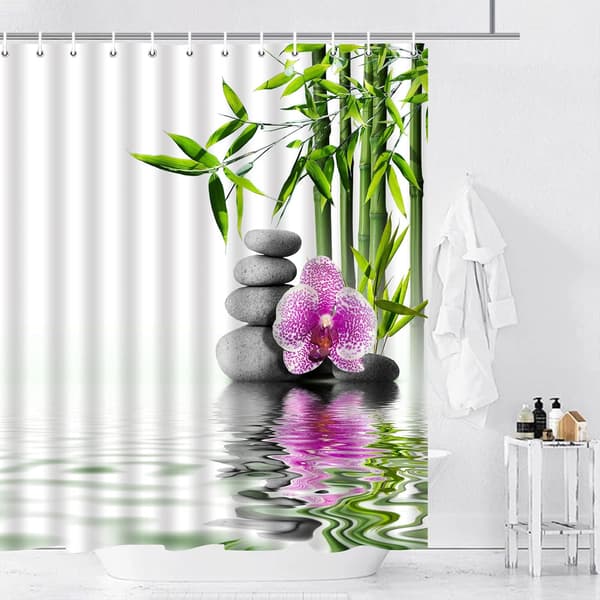 Zen Duschdraperier Grönt Bambu Lila Blomma Sten Reflektion W