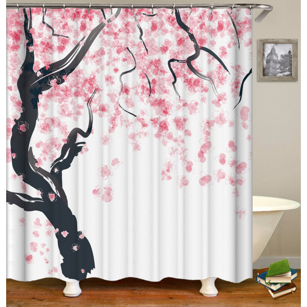 Floral Shower Curtain, 180cm x 200cm, Pink Black, Cherry Blossom