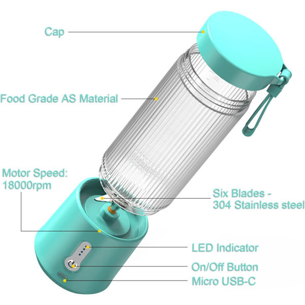 Bärbar Blender, 15.2Oz USB Laddningsbar Blender för Shakes och Smoothies med 6 Blads Juicerkopp, BPA-Fri Plast