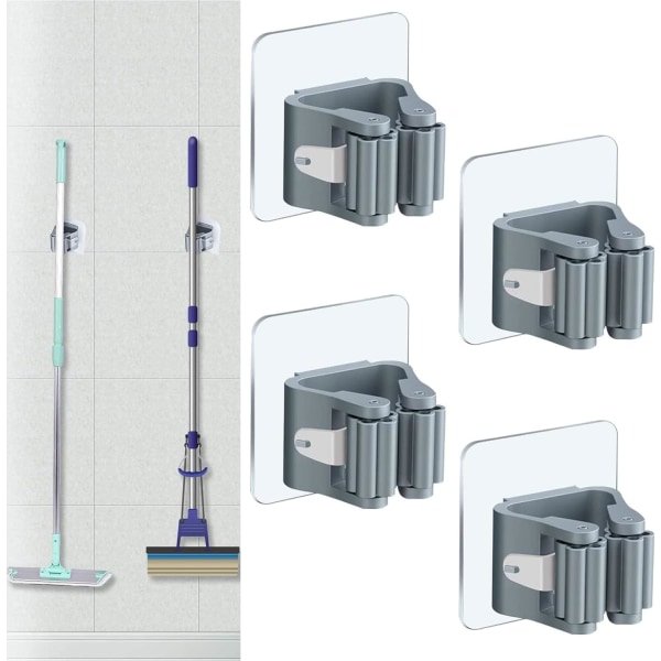 4 Pieces Broom Holder Rack Self-Adhesive Mop Holder Wall Mounted