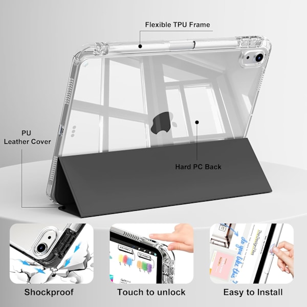 Etui til iPad Air 6. 5. 4. generation 10,9 tommer, med plads til blyant, sort