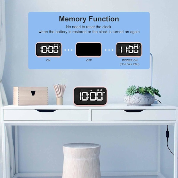 Väckarklocka, digital klocka med tupplurtimer, snooze, USB-driven klocka med dubbla alarm för sovrum, sängbord, kontor (rosa)