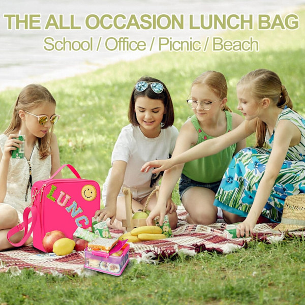 Isolerad Lunchväska med Justerbar Axelrem, Nylon Preppy Lunchbox Stor Återanvändbar Lunchväska med Leende