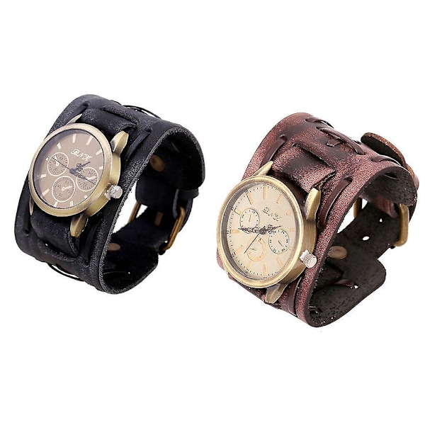 Herr Retro Armband Klocka Band Bred Läder Remanchett Vintage Quartz Armbandsur Svart
