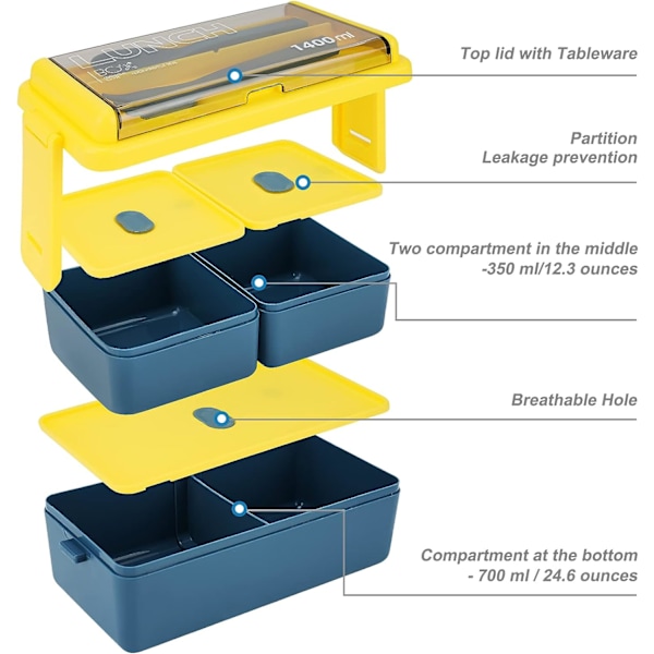1400 ml Lunchbox med 3 fack (blå) - 2-lagers Bentobox med