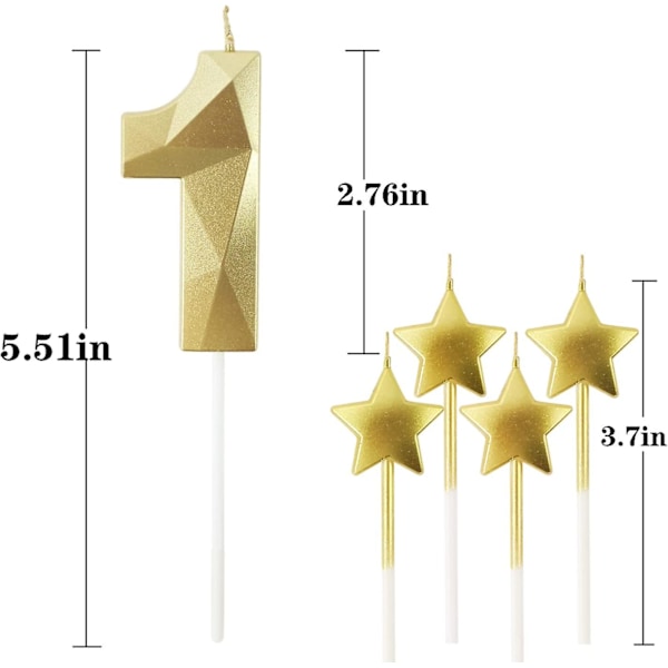 Gyldne Nummer 1 Fødselsdagslys Og Stjerne Fødselsdagslys 2,76 Tommer Fødselsdagskage Lys 3D Diamantformede Lys Er Velegnede Til Fødselsdagsfester