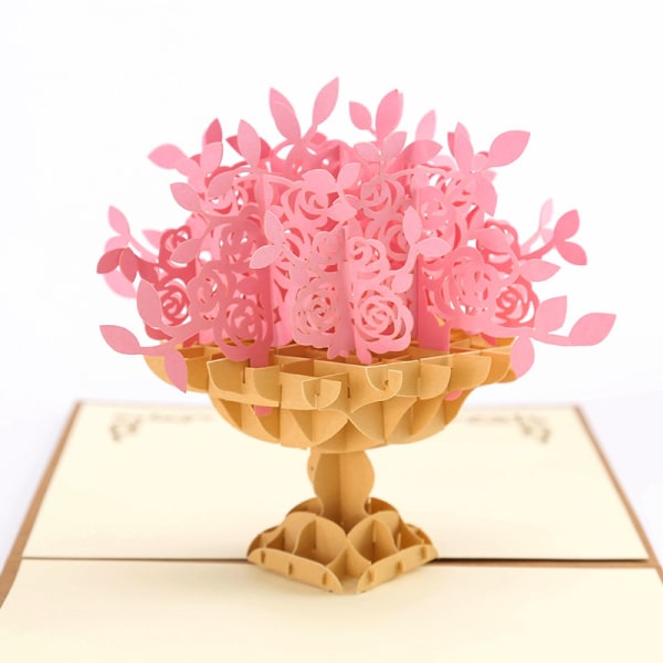 3D Pink Rose Bouquet in Elegant Vase 15*15cm Greeting Cards -