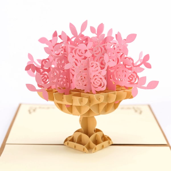 3D rosa rosebukett i elegant vase 15*15 cm gratulasjonskort -