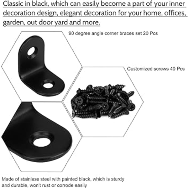 20*20mm 1 st svart hörnbeslag 90 graders hörnfäste höger