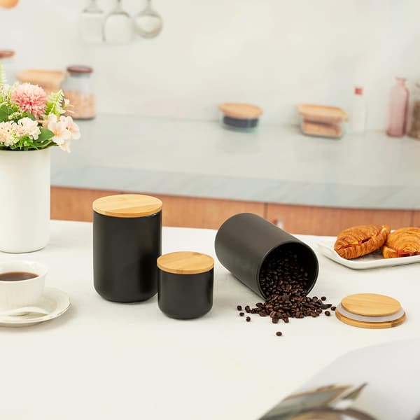 Sæt af 3 (Sort) Te Kaffe Sukker Sæt Krydderi Krukke Keramik Biscuit