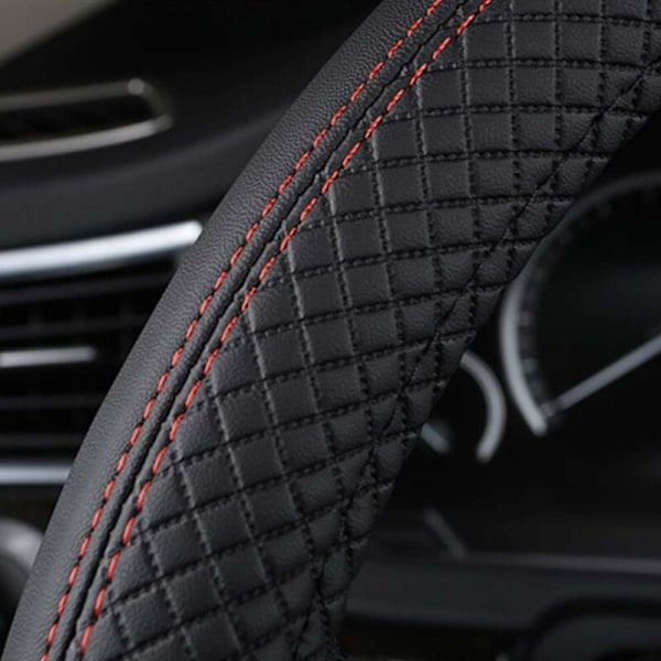 Bilstörattskydd, Läderrattskydd 37-39CM, Halkfri, Andningsbar, Kolfiber, Professionellt Elastiskt Universellt Rattskydd – Svart & Röd