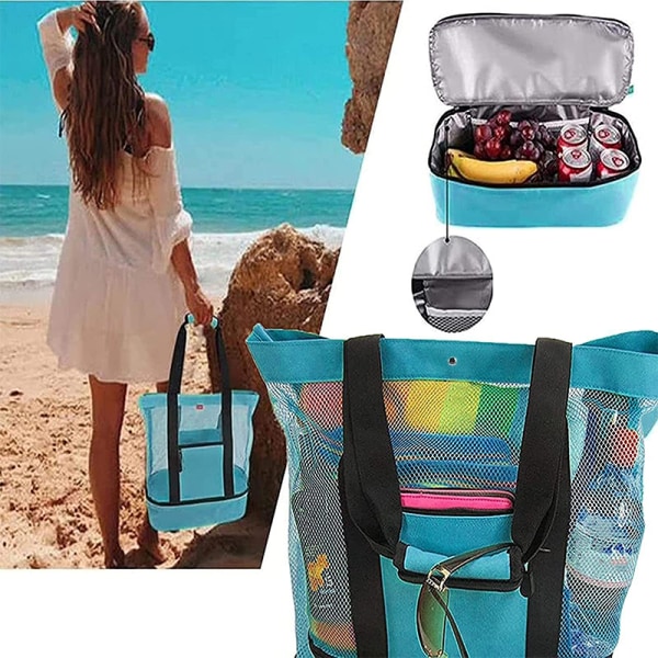 Stor Strandveske Dobbelt Lag, Multifunksjonell Mesh Bag Tote Bag,