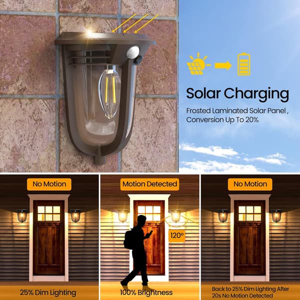 2-pack Solcellsbelysning för vägg utomhus med rörelsesensor, LED-dekorativ utomhusvägglampa