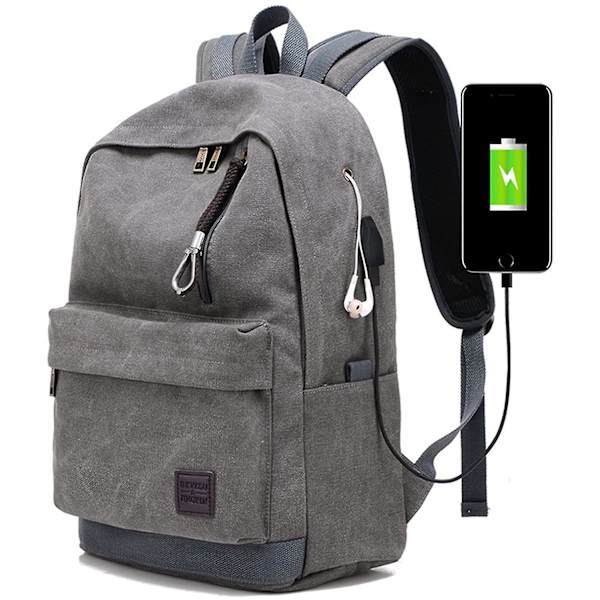Reppu, Canvas Business Travel Backpack, Oppilaitoskoululaukku, Läppärireppu, Ulkoinen USB-latauslaukku kuulokeliitännällä (Harmaa)