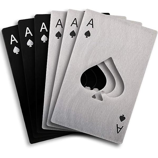 Sæt med 6 Flaskeåbnere i Spillekortdesign (3 Sorte & 3 Sølv)