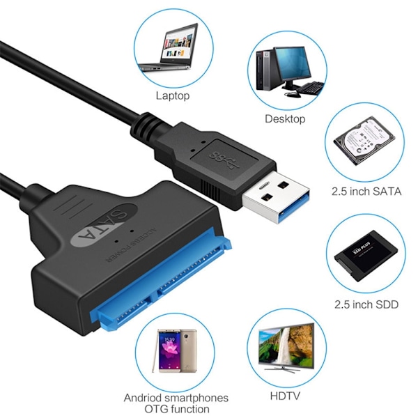 USB 2.0 til SATA-adapterkonverterkabel 22-pinners stasjonsfri 2,5\" SAT