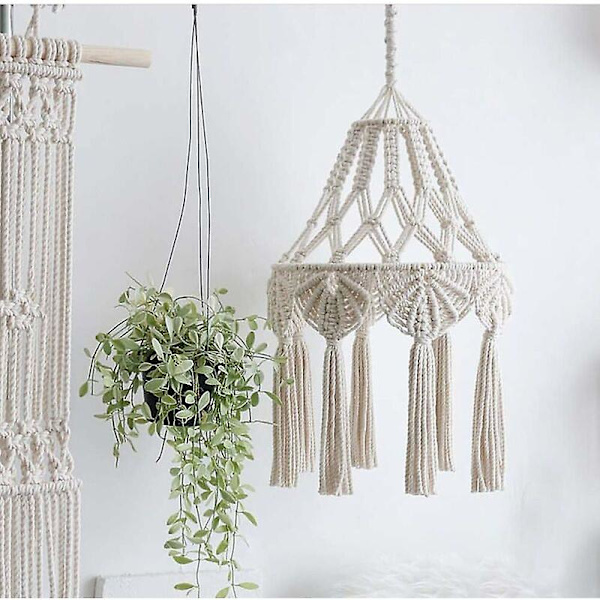 Bomullsrep Macrame Lampskärm Hängande Taklampa Tassel Tygskärm Handgjord Krona Kåpa Dekor för Vardagsrum Sovrum - Beige