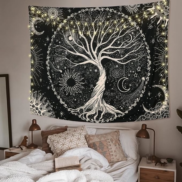 Livets träd Väggbonad Måne och Sol (150x200cm) Svart Psykedelisk