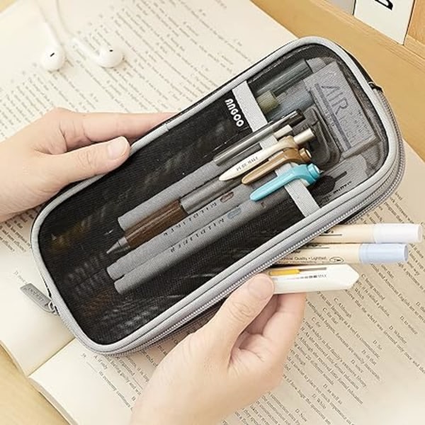 Grid Mesh Pen Pencil Case with Zipper Transparent Makeup Color