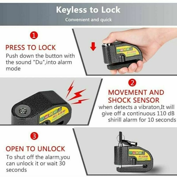 Antilåsing Alarm Disc Block for Motorsykkel og Scooter - Låsesystem med 110db Alarm - Levert med 2 Nøkler, 1,5m Antilåsing Kabel og 1 Bæreveske (Svart)