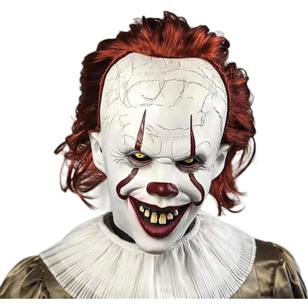 Halloween-klovnimaskeri, pitkä punainen ja vihreä hius, hymyilevä lateksi-maskeri, pelottava aikuisten naamiaisasu, Ac