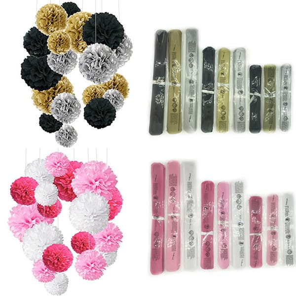 18 Dekorative Papir Pom Poms Sett for Bursdag, Bryllup