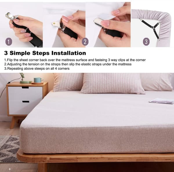 Sorte 4 stk. Sengelinneclips, Justerbar Elastisk Trekant