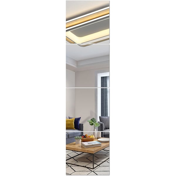 HD Glass Full Length Wall Mirror Tiles - Set of 4, 8'' x 8'' - Rammeløs, Ideell for Soverom, Hjemmetrening, Bad - Allsidig Veggdekor og Overdørsspeil