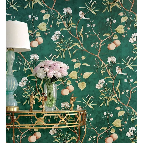 Green Flower Birds Self Adhesive Vinyl Wallpaper 45m x 10m