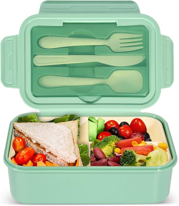Bento lunsjboks, beholder med 3 rom, bestikk,