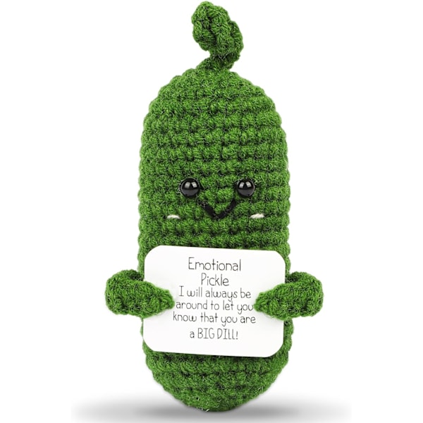 Handgjord Emotionell Inlagd Gurka Present, Stickad Gurka Inspirerande Present med Träbas, Söt Stickad Gurka Rolig Stöd